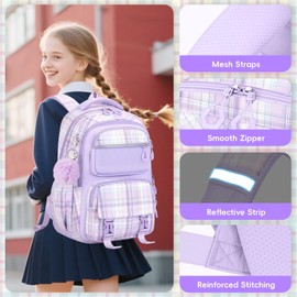 Tanou School Backpack Girls Kids School Bag Ergonomic Backpack Large for Girls Teenagers Fashion Checked School Bag Casual Daypack for Travel, purple