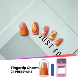 24Pcs Handmade Duck Press on Nails Medium Fake Nails French Tip False Nails with Floral, Stripes Design Reusable Acrylic Nails Press ons Summer Flower Nails Orange Full Cover Stick on Nails for Women