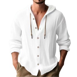 Lingt Chic Linen Shirts for Men Casual Button Shirts Summer Cotton Linen Hoodie Beach Long Sleeve Shirts Top with Hood White