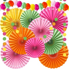 Syoulin Hawaii Party Decoration Set Made of Paper, Rainbow Paper Fan with Hawaiian Garland, 11-Piece Summer Decoration for Garden Party, Pool Party, Birthday, Luau Summer Festival, Indoor and Outdoor