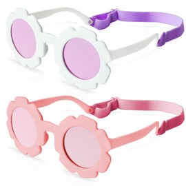 2pcs Baby Sunglasses with Strap,Flower Sunglasses for Toddler Age 0-4,Outdoor Holiday Essentials for Baby UV Protection (White+Pink)
