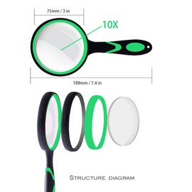 Magnifying Glass 10X Handheld Reading Magnifier for Seniors & Kids, Thickened Magnifying Lens with Non-Slip Rubber Handle, Ideal for Reading Small Prints Hobby Observation Inspection (Green)
