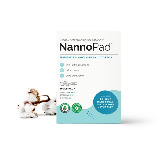 NannoPad Multipack Pads and Pantyliners - Made with Certified Organic Cotton - Regular, Super and Pantyliners for Full-Cycle Protection - Minimize Odors (36 Count (Pack of 1)) Nannocare