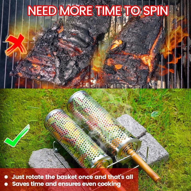 Rolling BBQ Grill Baskets, 2 Pieces, with Wooden Handle, Forks
