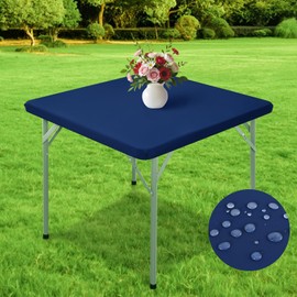 Wolkemer Square Waterproof Fitted Tablecloth 34x34 Inch - Windproof Washable Polyester Table Cloth Wipe Clean Elastic Table Cover for Camping, Picnic, Party, Indoor & Outdoor (Navy Blue)