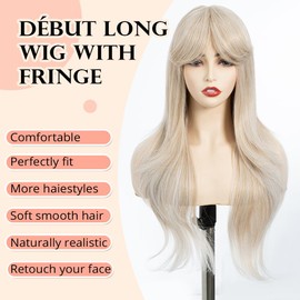 DÉBUT Long White Wig With Fringe for Women Heat Resistant Synthetic Layered Hair Wigs With Highlights for Daily Party Cosplay Use（26 inches, T16A/56C）