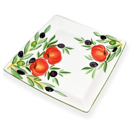Lashuma Square Ceramic Serving Plate, Handmade Serving Plate, 27 x 27 cm, Gourmet Plate, Design: Tomato Olive