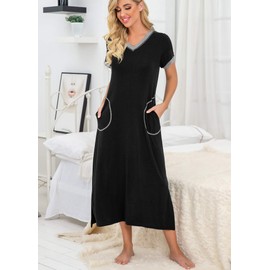 VINTATRE Womens Long Nightgown Short Sleeve Nightshirt V-Neck Soft Loungewear Casual Sleepwear with Pockets Black