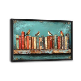 Olivine Book Large Wall Art, Book Shelf Pictures Wall Decor, Teal Reading Corner Painting, Bird Canvas Prints, Framed Artwork for Dining Room Living Room Bedroom Bathroom Office Library Decor 36"x24"