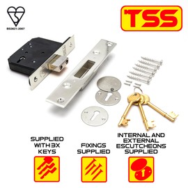 TSS High Security 5 Lever British Standard Mortice Sashlock with 3 Keys and Fixings, 3" (81mm) Polished Chrome, Insurance Approved for External Doors, British Standard BS3621:2007