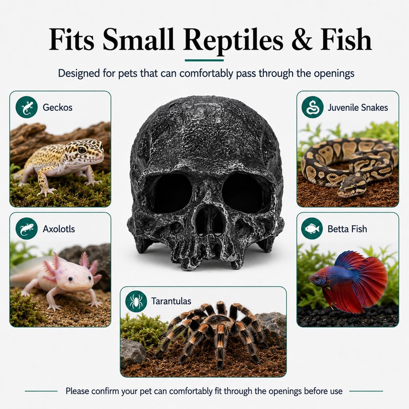 Fokauiwo Skull Terrarium Decor Reptile Hideout for Tank (Black)
