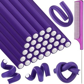 30 7'' Flexible Curling Rods Twist Foam Hair Rollers Soft No Heat And 1 Steel Pintail Comb Rat Tail For Women Long Short Hair(purple 7 X 0.55 Inch) black liquid tension secret curl ruler bamboo:_Purple_1 Count (Pack of 31)