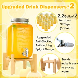 Lemonade Stand Supplies Decorations for Kids, 2 Set 2.2Gallon Plastic Drink Dispenser with Stands, 50 Pcs Lemonade Cups with Lids and Straws, Lemonade Bar Sign Decor