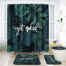 Arttown Green Bathroom Sets with Shower Curtain and Rugs and Accessories, Palm Tree Beach Tropical Shower Curtain Sets, Get Naked Shower Curtains for Bathroom,Green Bathroom Decor 4 Pcs