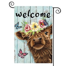 DMERBYL Welcome Spring Highland Cow Garden Flag 12x18 Double Sided Burlap, Rustic Farmhouse Scottish Highland Cow with Flower Garden Yard Flags Sign Small for Outdoor Outside Decoration (Only Flag)