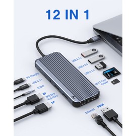 Docking Station Triple Display Multiport USB Hub, 12-in-1 USB C Docking Station mit 8K HDMI, Dual DP, 2*USB 3.1 10Gbps, USB 2.0, 100W PD, Ethernet, SD/TF Kartenleser für Lenovo/Dell/HP