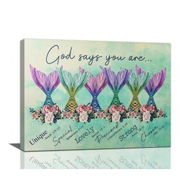 Mermaid Tail Wall Art Little Girls Inspirational Room Decor God Says You Are Canvas Prints Painting Motivational Teal Bathroom Bedroom Pictures Framed Artwork Gifts Office Home Decorations 8"x12"