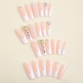 MISUD Press on Nails - Long Square Glue on Nails with White French Tip, Acrylic Rhinestone Design 24 pcs