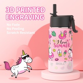 Mollcity Kids Insulated Water Bottle, 12 Ounce Stainless Steel Double Wall Vacuum Water Bottle with Leak Proof Straw Lid, Gift for Boy, Girls(Pink)