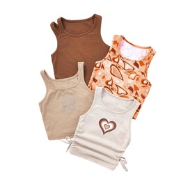 OYOANGLE Toddler Girl's 4 Pack Graphic Print Crop Tank Top Crew Neck Sleeveless Summer Cami Top Khaki Orange 7Y