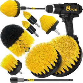 8 Piece Drill Brush Attachments Set, Power Scrubber with Extend Long Attachment, Cleaning Supplies for Bathtub, Shower, Grout, Tile (Yellow)