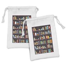 Ambesonne Bookshelf Fabric Pouch Set of 2, Library Themed Cartoon with Shelves Full of Books Study Print, Small Drawstring Bag for Toiletries Masks and Favors, 9" x 6", Multicolor