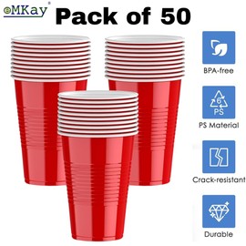 eMKay® Pack of 50 Red Reusable Party Glasses -16oz (473ml) Durable Red Cups with Grip Design – Stackable & Washable Drinkware for BBQs Birthdays Picnics & Events – Vibrant Cups for Any Occasion