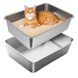 Stainless Steel Cat Litter Box, Medium Metal Litter Tray Pan Litterbox, 2-Pack Stainless Steel Litter Box for Big Cats, 19.7" Lx13.8 W x3.9 H, No Odor Absorption,Easy to Clean, Rustproof