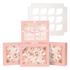 Gcardist Automatic Popup 4 Cupcake Boxes with Window Pink Pack of 12 Cupcake Boxes 16 x 16 x 7.6 cm Bakery Boxes for Cupcake Carriers, Cupcake Containers (6.3 x 6.3 x 3 inches)