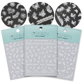 CESTSIREN Lace Butterfly Nail Art Stickers, Thin White Nail Decals, Self-Adhesive, Summer Spring Nail Accessories for Women, Nail Decorations 3 Sheets