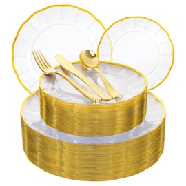 ejonirinjonir EI 150pcs Clear Plastic Plates with Gold Plastic Silverware,Disposable Plate Heavy Duty,Clear and Gold Dinnerware Set,Elegant Plates for Party,Wedding,Afternoon Tea,Birthday