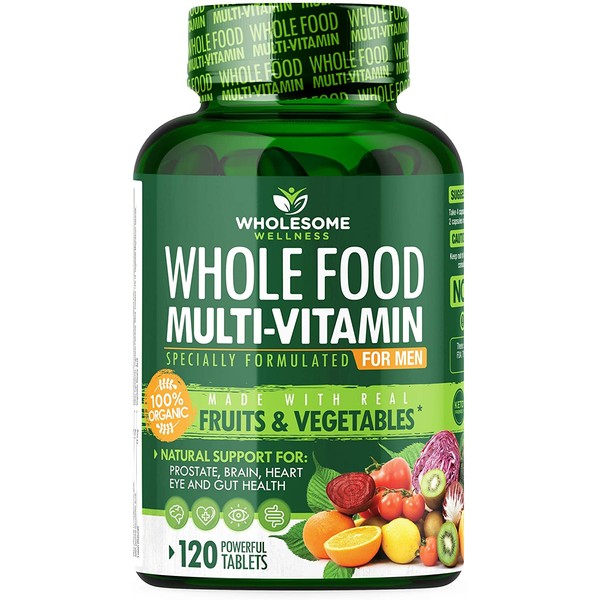 Whole Food Multivitamin for Men - Natural Multi Vitamins, Minerals, Organic Extracts - Vegan Vegetarian - Best for Daily Energy, Brain, Heart & Eye Health - 120 Tablets