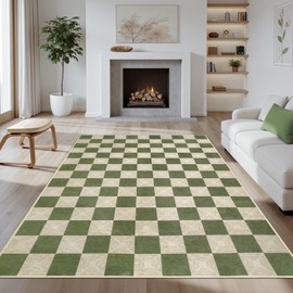 Kiginara Washable Green Checkered Rug 5x7, Non-Slip Low Pile Area Rug for Living Room, Bedroom, Nursery, Modern Neutral Farmhouse Checkerboard Carpet, Pet & Kid Friendly