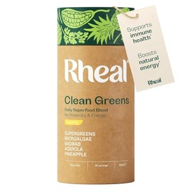 Rheal Clean Greens 165 g, Superfood Greens Powder for Daily Energy & Immunity Support – with Spirulina, Moringa & Wheatgrass – Vegan – 30 Servings, Natural Pineapple Flavour