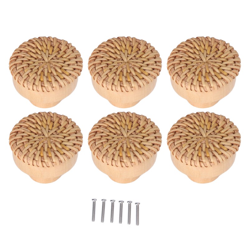 6pcs Round Drawer Knobs Wood Rattan Woven Handmade Drawer Pulls