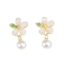 Women's Natural Freshwater Pearl Earrings, S925 Silver Post, Flower Motif, 18K Thick Gold Plating, Large, Swinging Design, Elegant, Fashionable, Hypoallergenic, Gift, Gift, Wedding, Dating, Party