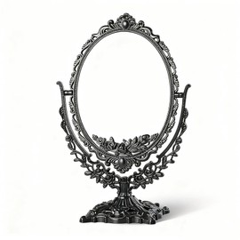 Vintage Black Tabletop Makeup Mirror, Ornate Antique Oval Swivel Vanity Mirror with Floral Carved Frame, Freestanding Decorative Dresser Mirror for Bedroom Bathroom Decor
