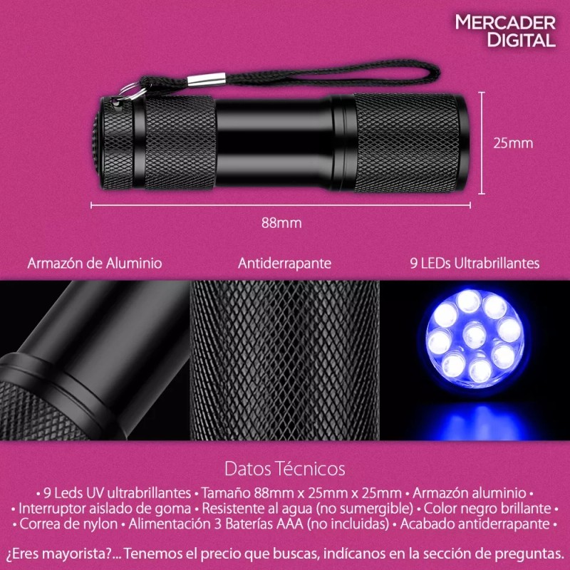Mercader Digital Linterna Uv Lampara Luz Negra Ultravioleta Billetes Falsos