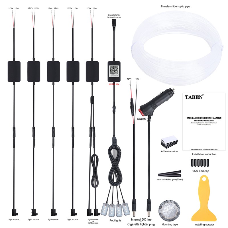 TABEN Car Ambient Light Kit, 8 Meters Integrated Fiber Optic