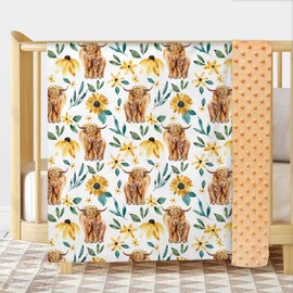 Sunflower Highland Cow Baby Blanket for Unisex, Soft Double Layer Minky with Dotted Backing, Floral Cow Theme Baby Crib Bedding Toddler Newborn Nursery Bed Swaddle Receiving Blanket, 30"x40"