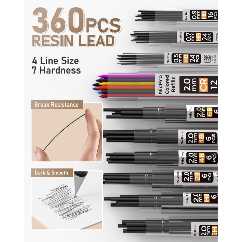 Nicpro 35PCS Gold Art Mechanical Pencils Set, 3 PCS Metal