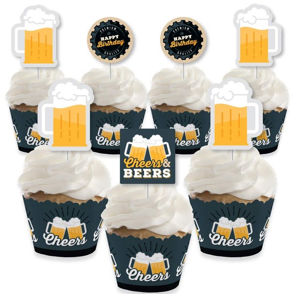 Big Dot of Happiness Cheers and Beers Happy Birthday - Juego de 24 envoltorios para cupcakes y palillos de golosinas
