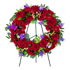 Naramiji Cemetery Wreath for Grave, Red Roses Memorial Wreath with 30 Inch Easeal Stand, Fade-Resistant
