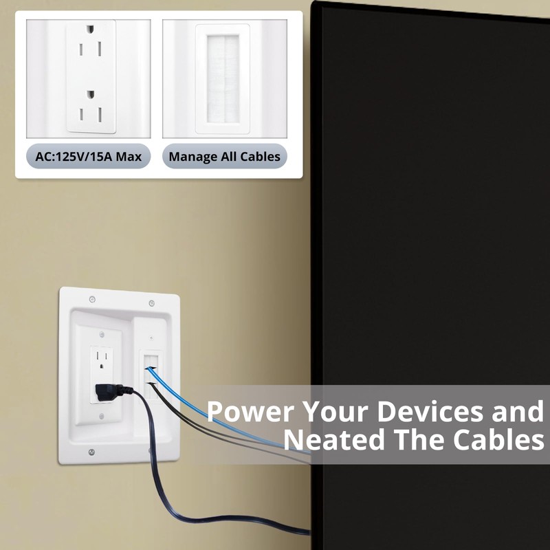 HXH In-Wall Cable Concealer Kit with Recessed Outlet Box, White