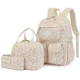 3Pcs Corduroy School Backpack for Girls, Kids Large Capacity School Bag Bookbags Set with Lunch Box and Pencil Bag (Corduroy Leopard)