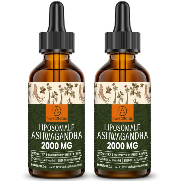 AureaSalus Liposomal Ashwagandha Drops 2000 mg, Pure Natural Ashwagandha Extract, Enrich Probiotics and Black Pepper Extract (Pack of 2)
