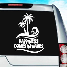 Happiness Comes in Waves Palm Trees Vinyl Decal Sticker Bumper Cling for Car Truck Window Laptop Wall Cooler Tumbler | Die-Cut/No Background | Multi Sizes/Colors, 8-Inch, Orange