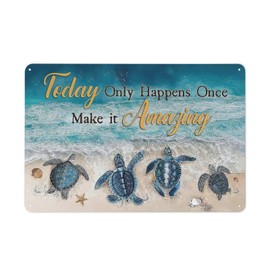 Rustic Vintage Metal Tin Sign Beach Bathroom Decor Sea Turtle Wall Art Seashells Ocean Coastal Scenery Print Artwork Novelty Metal Sign for Home Kitchen Parlor Wall Decor 8x12 Inch