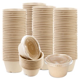 EcoQuality 2 oz Compostable Condiment Souffle Bagasse Cups with Lids - Portion Cup with Lid Sugarcane, Biodegradable Perfect For Sauces, Samples, Condiments, Slime, Jello Shot, Food Storage (300)