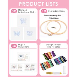 TINDTOP Beginners Embroidery Stitch Practice kit, Butterfly Flower Embroidery Kit for Beginners Include Embroidery Cloth Hoops Threads for Craft Lover Hand Stitch with Embroidery Skill Techniques